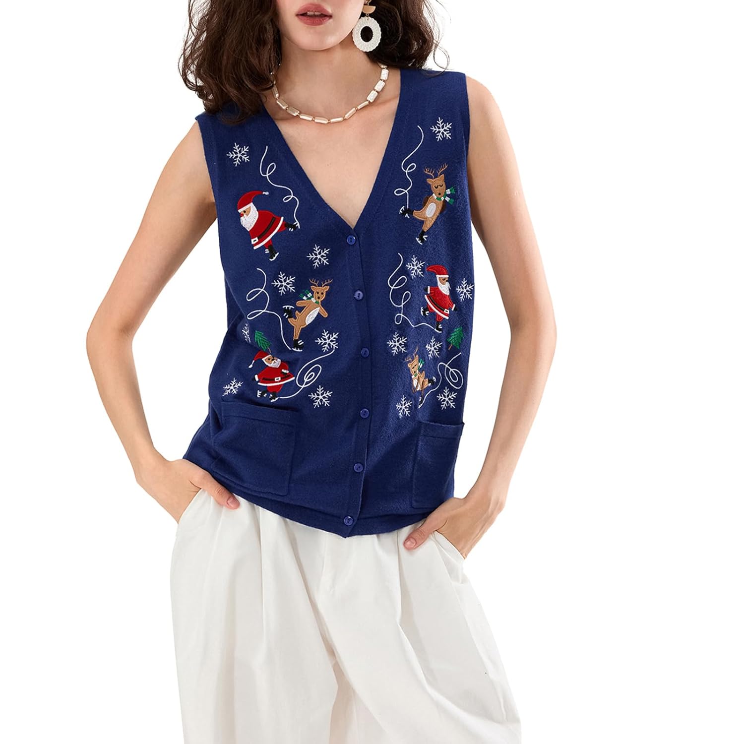 Women Christmas Button Down Sweaters Vest Vintage Santa Embroidered Sleeveless Knit Tank Top Holiday Ugly Xmas Vest
