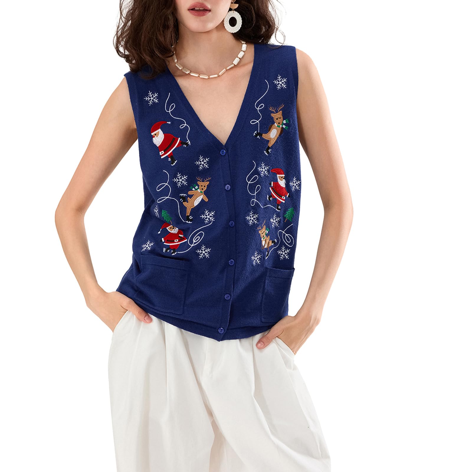 Women Christmas Button Down Sweaters Vest Vintage Santa Embroidered Sleeveless Knit Tank Top Holiday Ugly Xmas Vest
