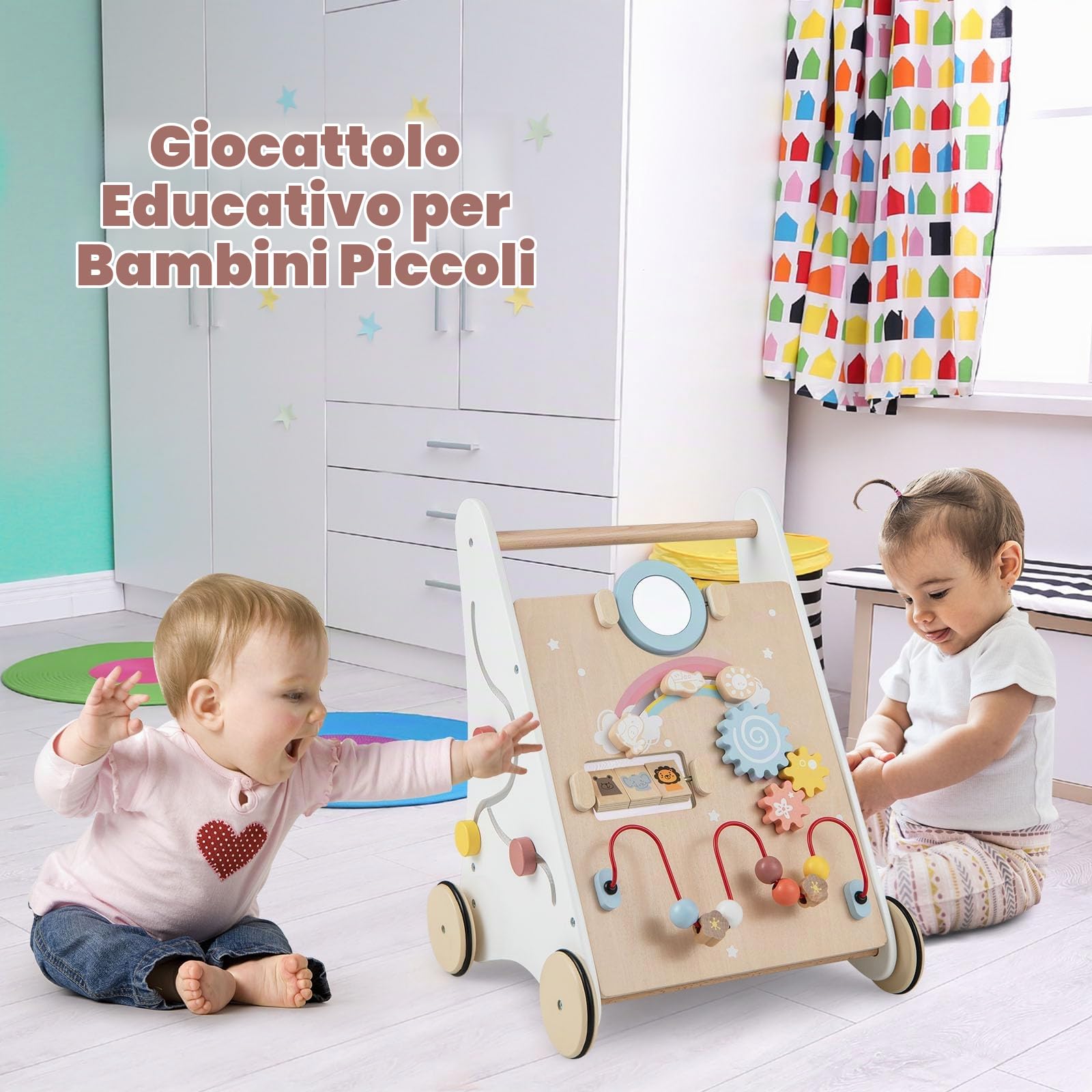 RELAX4LIFE Carrellino Primi Passi 7 in 1, Ausilio per Camminare con Specchio e Giocattolo, Girello in Legno per Ragazzi e Ragazze, 1+ Anni (Modello 1)