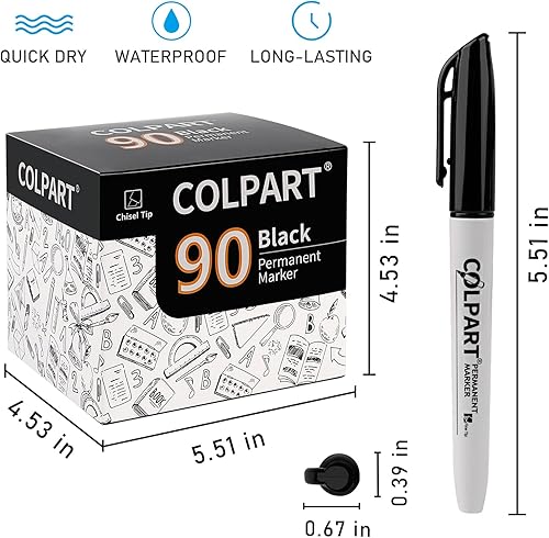 Miniatura 2 de Rotuladores permanentes negros con punta de cincel, 90 unidades, impermeables, resistentes a la decoloración, secado rápido, color negro, trabajo