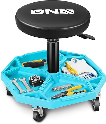 Miniatura 7 de DNA Motoring - Taburete mecánico neumático de altura ajustable para garaje con bandeja de herramientas, asiento rodante, capacidad máxima de 300 Azul