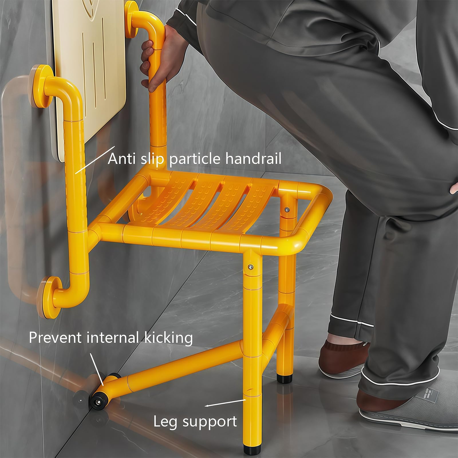 Asiento de ducha plegable, taburete de baño montado en la pared con reposabrazos, diseño antideslizante seguro para personas mayores y discapacitados