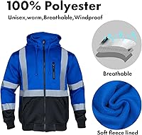 Vista 5 de VENDACE Sudadera con capucha reflectante de alta visibilidad ANSI Clase 1 de forro polar para hombres con capucha desmontable (azul rey, M)