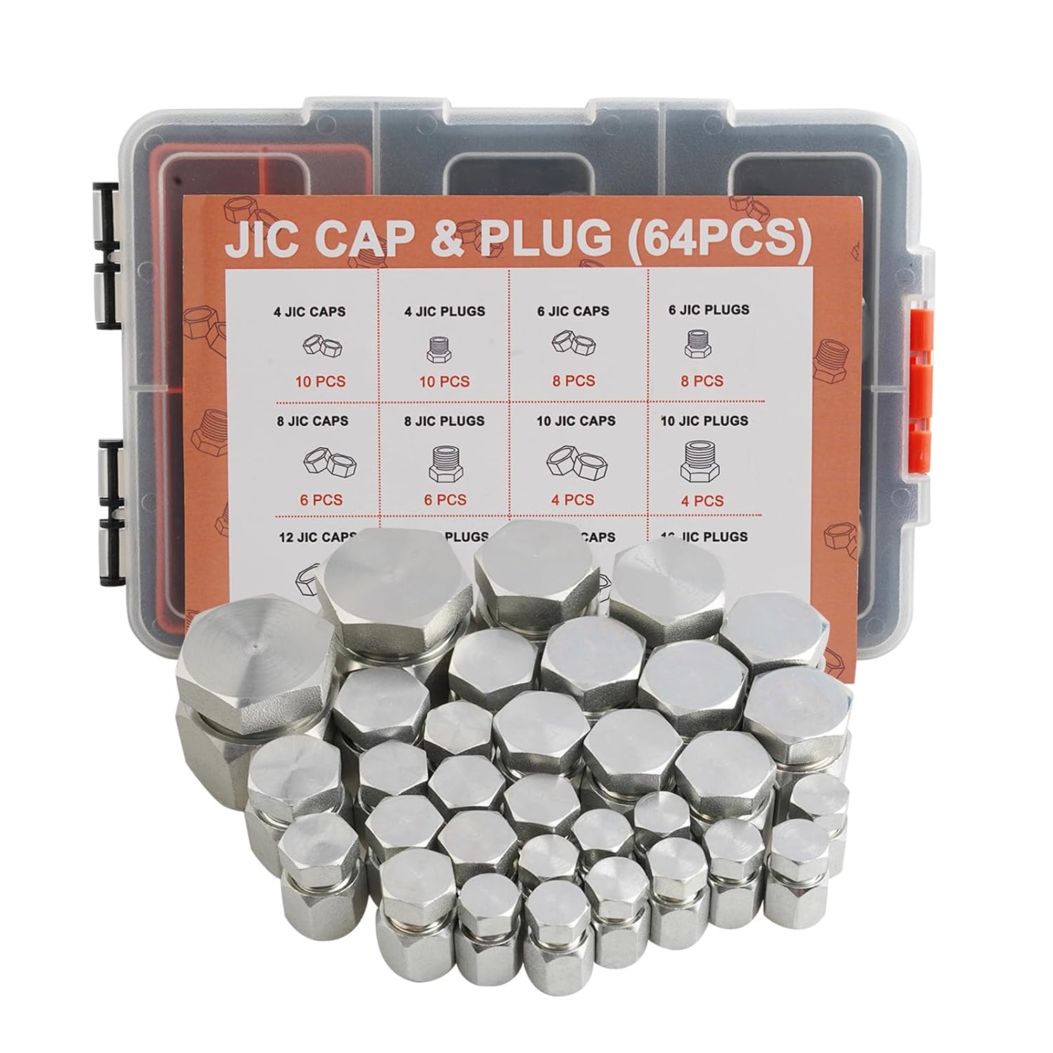 ZELCAN 64-Piece Hydraulic Hose Cap & Plug Kit – JIC 37° Flare, Galvanized Steel, Assorted Sizes (Silver) 6 thumbnail image