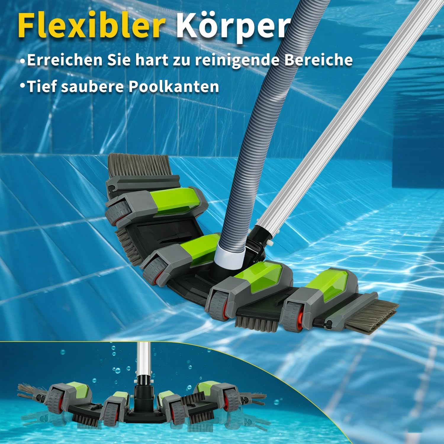 Poolbürste mit Sauganschluss, 45cm Robuster Pool Bodensaugerbürste mit Rädern, Poolsauger Bürste Flexible mit Seitenbürste und Bodenbürstenkopf, Pool Bürste Sauger Passend für 3,2cm&3,8cm Schläuche