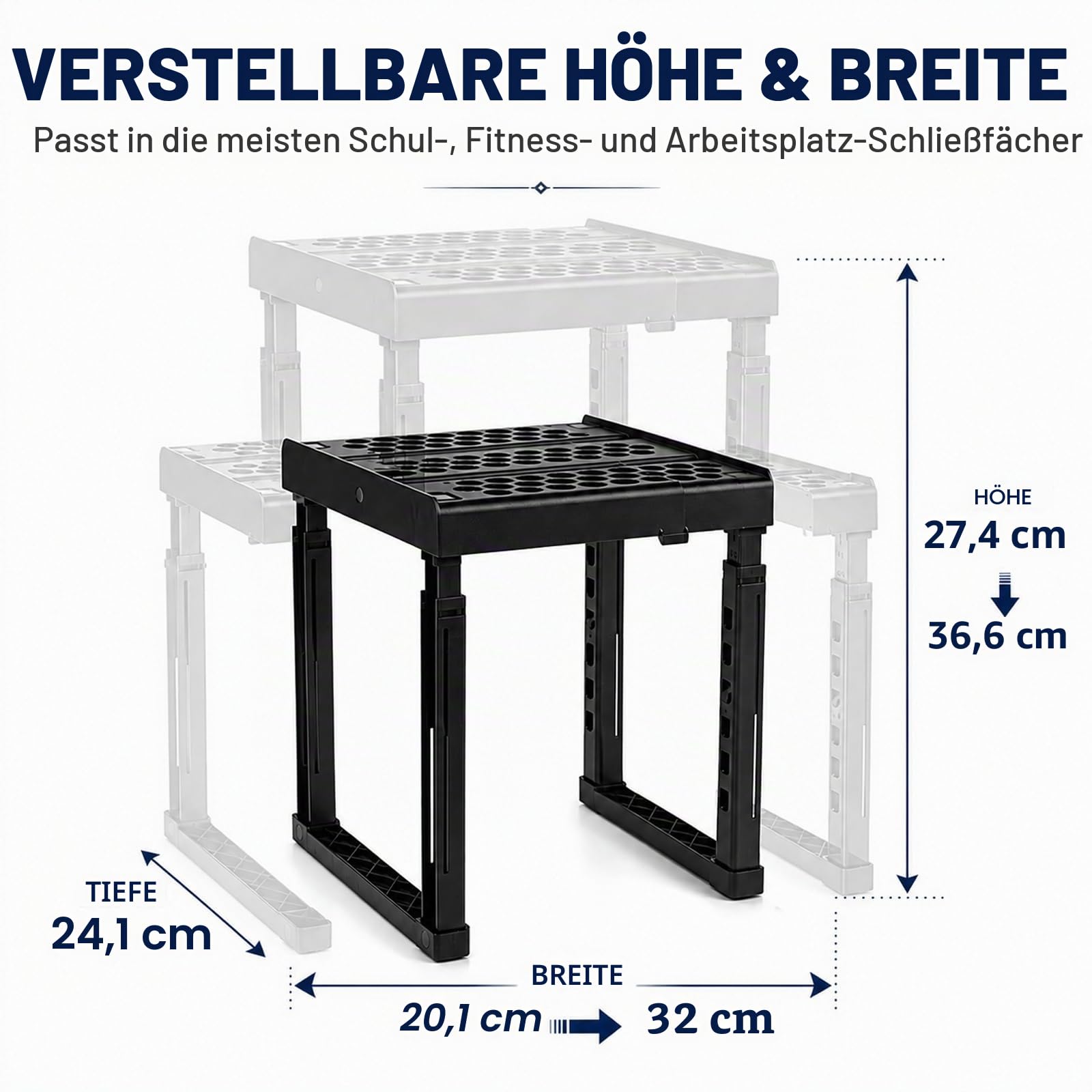 Verstellbare Höhe und Breite Schulschrank-Organizer, stapelbarer Organizer, für Fitnessstudio- und Büro-Schrank-Utensilien, Schwarz