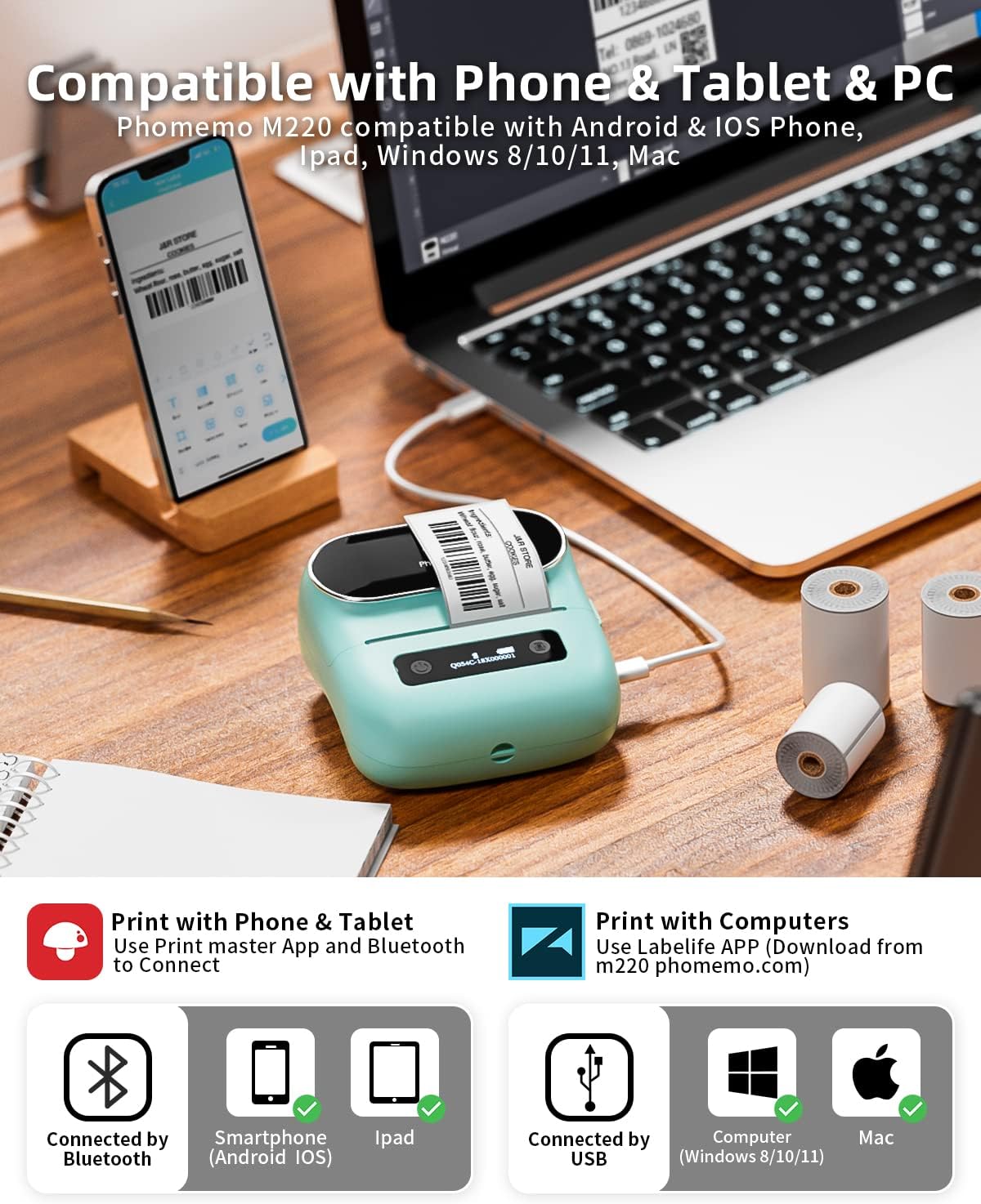 Phomemo M220 Label Maker + 3 Roll Label + with 1 Case, 3.14 Inch Bluetooth Thermal Label Printer for Barcode, Address, Labeling, Mailing, File Folder Label, Easy to Use, Support Smartphone, Tablet&PC