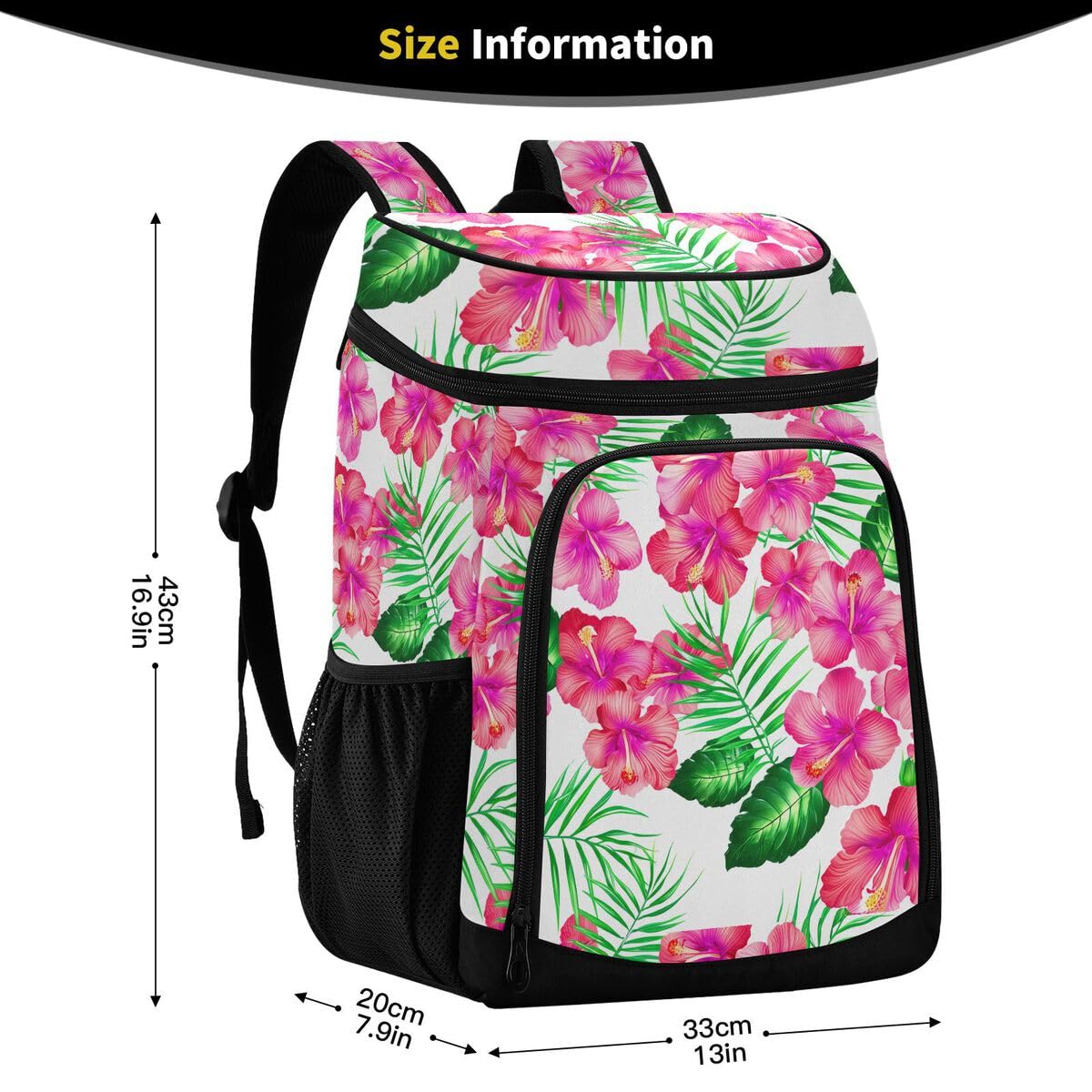 Hibiscus Palm Leaves White Cooler Backpack Leakproof Insulated Lunch Cooler Bag 30 Cans Camping Backpacks for Beach Road Trip Picnic