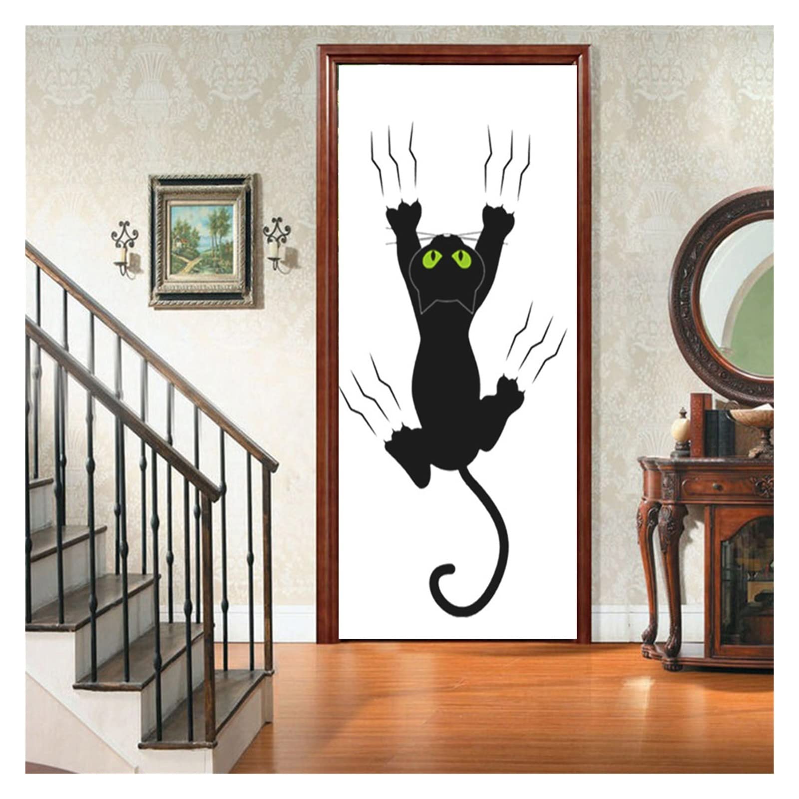 Papier peint personnalisé pour masquer une porte abîmée avec un décor de tigre ou cerf en 3D