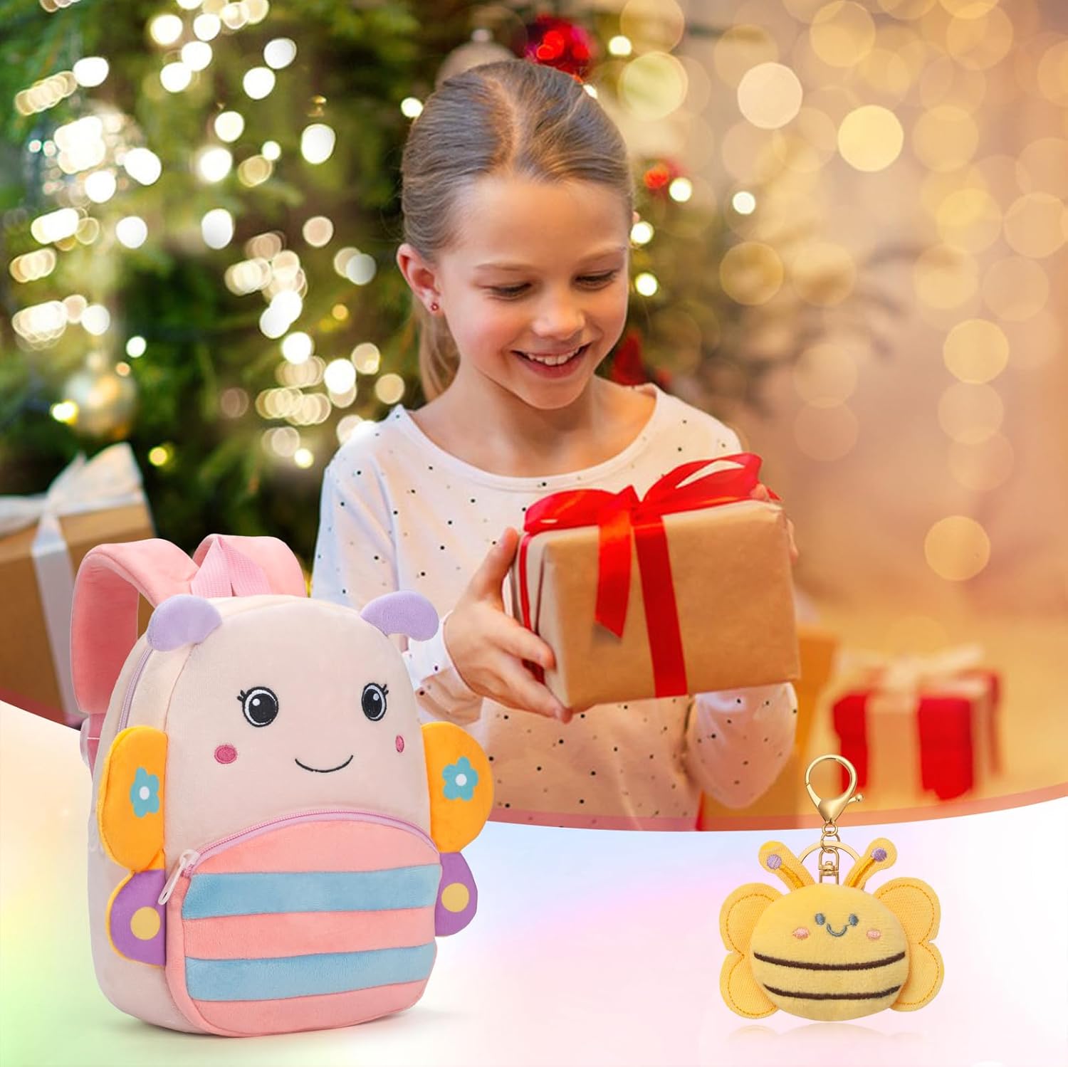 Toddler Backpacks for Girls 2-4, Butterfly Backpack for Kids, Animal Cartoon Mini Travel Bag with Bee Keychain