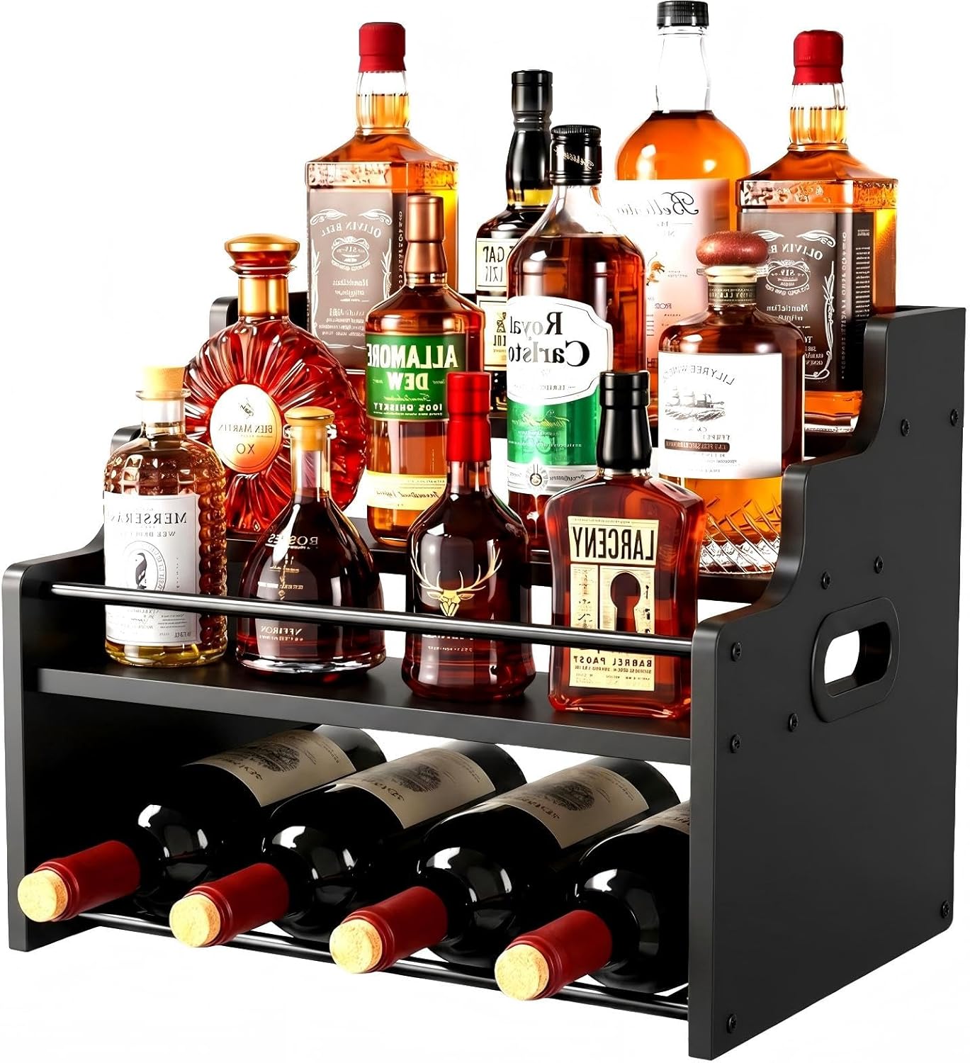 4-Tier Wine Rack for 16 Bottles Wood Liquor Shelf Coffee Syrup Organizer with Handles Home Whiskey Shelf Retro Mini Liquor Cabinet Spice Rack Coffee Bar Shelves, Onyx Black