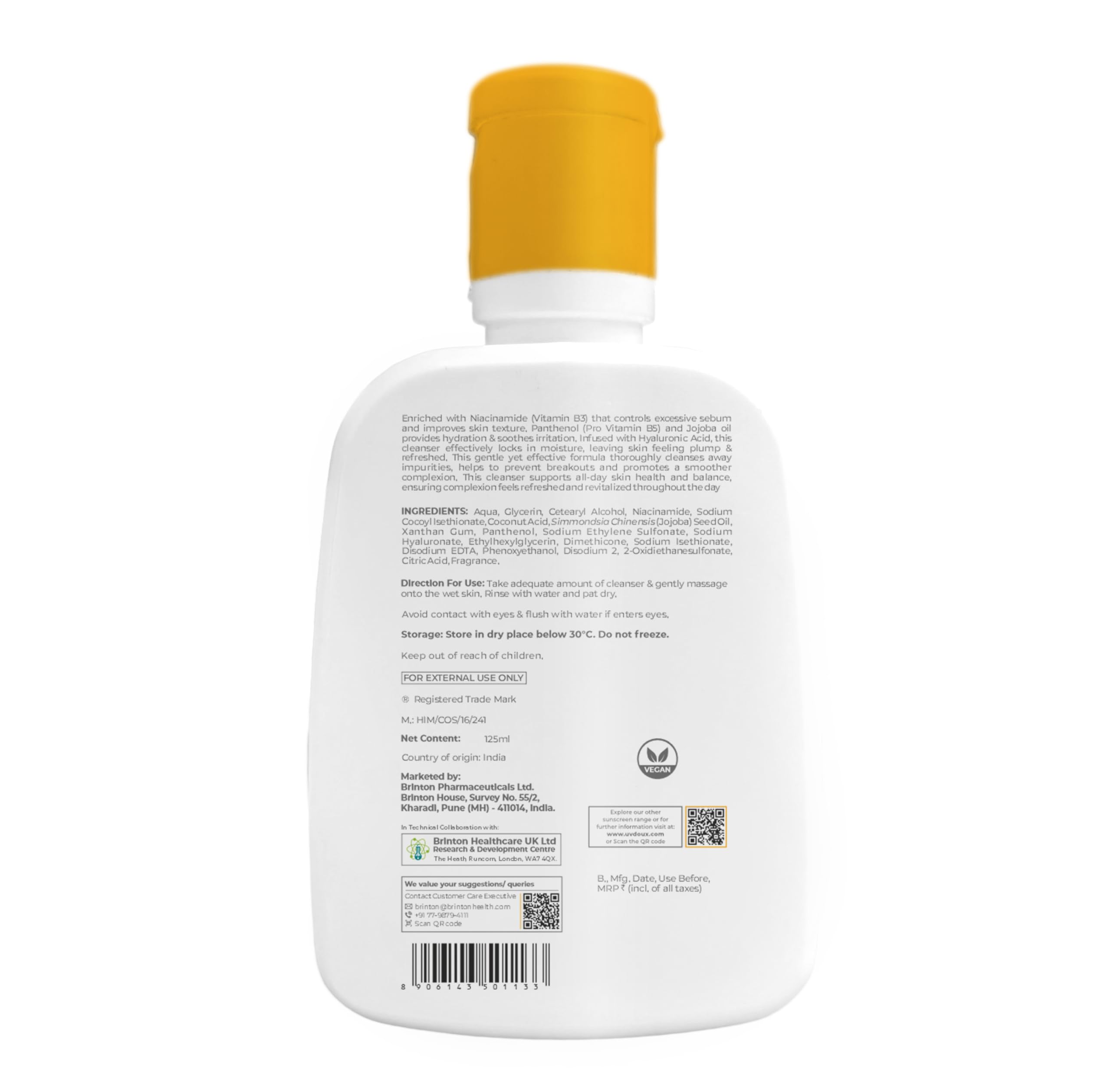 Brinton UV Doux Face Cleanser | Enriched with Hyaluronic Acid, Jojoba Oil, Niacinamide | Deep Cleansing & Hydration | Removes Excess Oil | Sulphate & Paraben-Free | pH 5.5 | For All Skin Types | 125ml