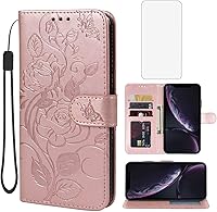 Vista 9 de Funda para iPhone XR con protector de pantalla de vidrio templado, funda de cuero con diseño de flor para tarjeta de crédito con soporte para iPhone