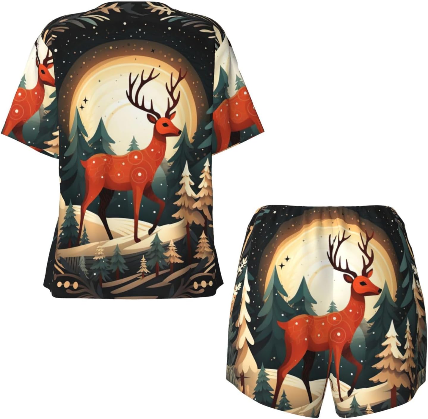 Merry Christmas Deer print Pajama Sets Short Sleeve Sleepwear Top and Pants Floral Printed Lounge Sets with Pockets