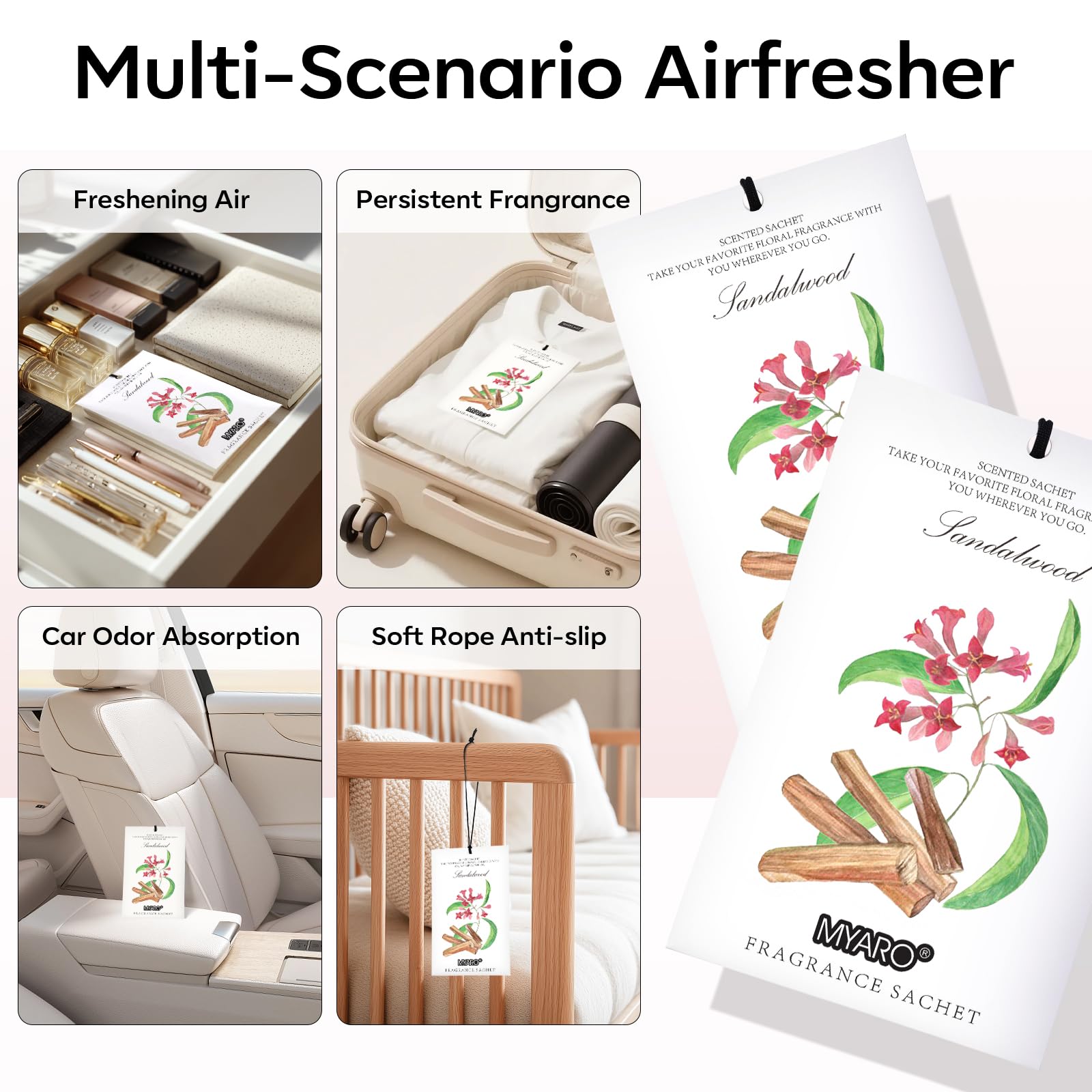 MYARO 12 paquetes de bolsitas perfumadas de sándalo para cajones y armarios, bolsas de larga duración con fragancia para el hogar