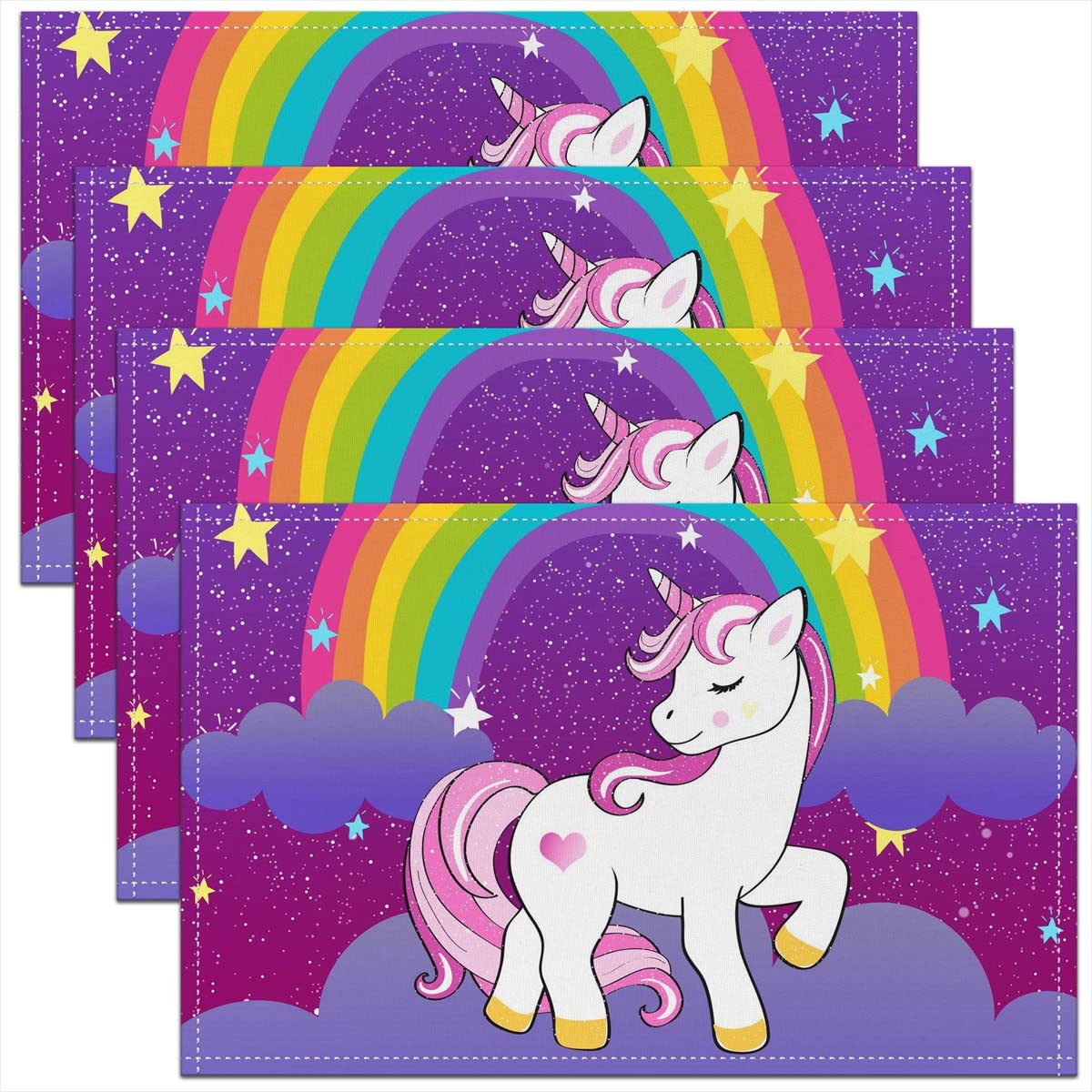 Mädchen Einhorn Tischsets 30x45, Kawaii Cute Unicorn Print Abwischbare Tischsets für Kinder Jungen Cartoon Pferd Kratzfest 4 Stück Platzsets Galaxy Sterne Magische Einhorn Tischsets für Küche, Lila