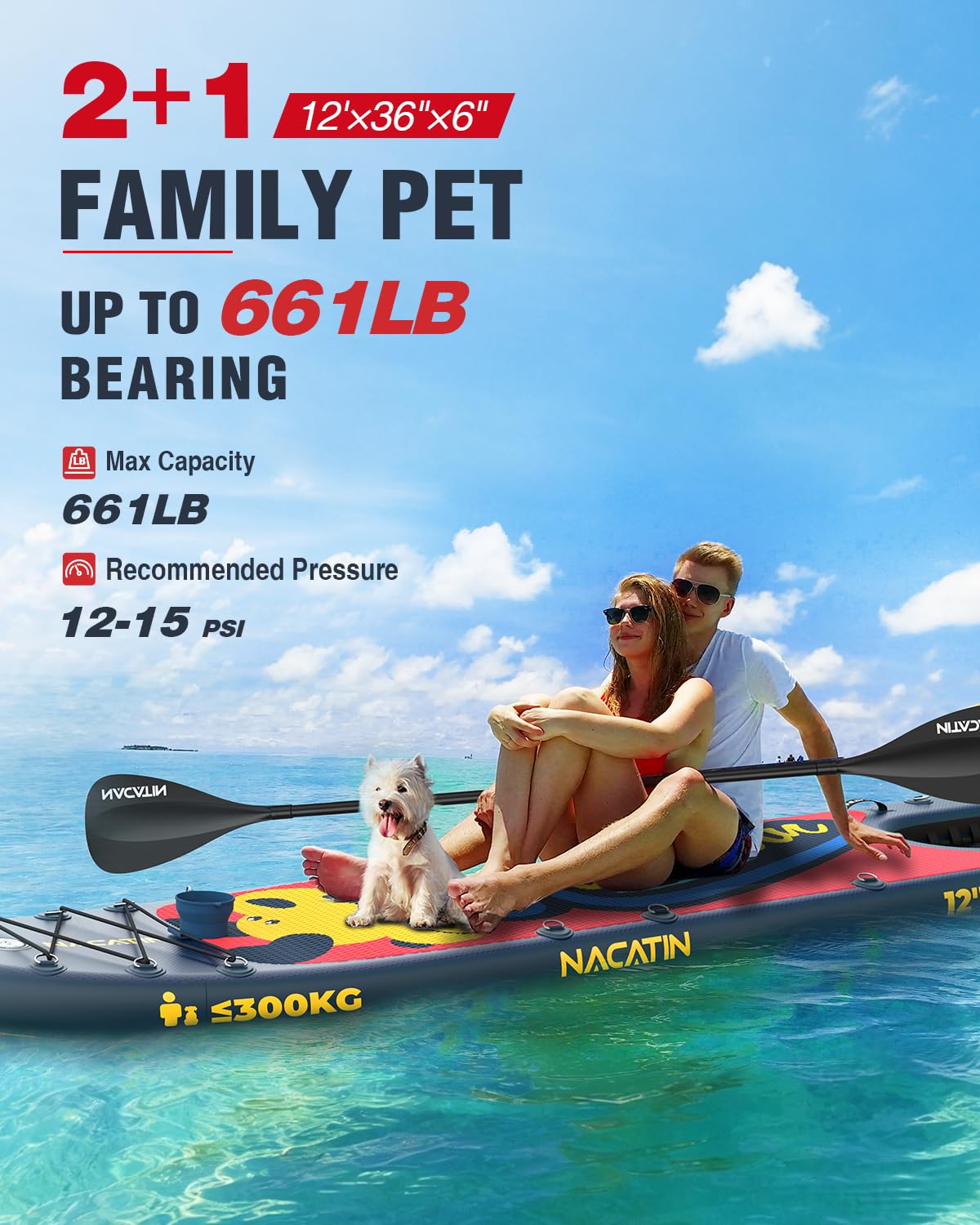 NACATIN Tabla de remo inflable de pie – Tabla de SUP de alta calidad con kit de rampa para perros, juego completo de tablas de remo para adultos con remo individual/doble, mochila, adecuada para remo
