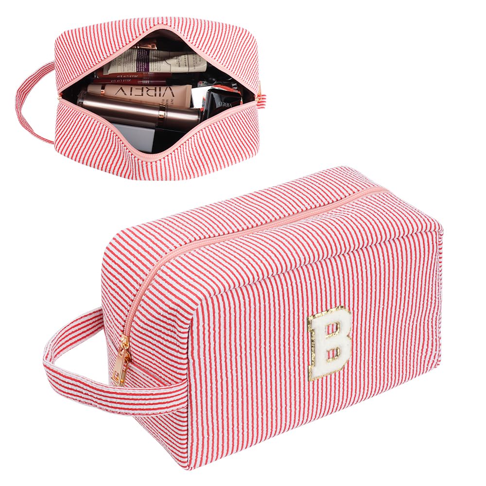 Large Makeup Bag,Travel Makeup Bag,Cute Initials Blue Corduroy Cosmetic Bag,Gift for Woman,Girlfriend,Best Friend,Mom,Daughter with Small Cosmetic Bag (B)