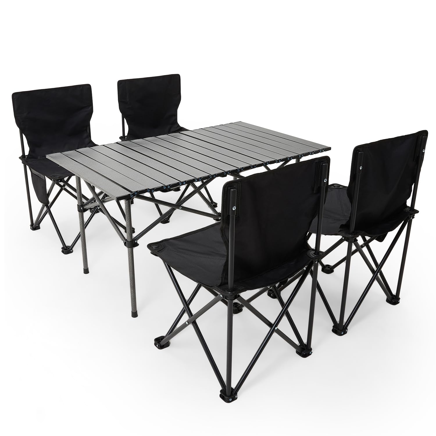 The Fellie Foldable Camping Table and Chairs Set Portable Picnic Table with 4 Chairs 95cm Aluminium Rolling Tabletop Fold up Chair with Side Pocket Camping Set with Carry Bag Indoor Outdoor BBQ,Black