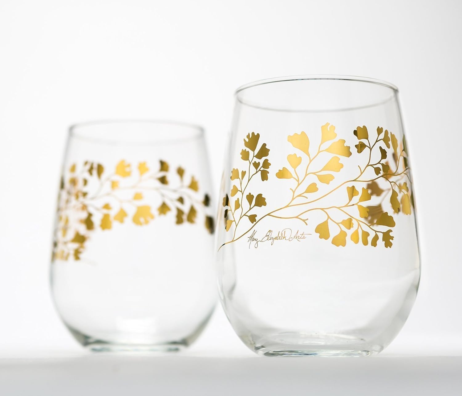 Gold Maidenhair Fern Glasses - Set of 2 Stemless Wine Glasses, Wedding Glassware