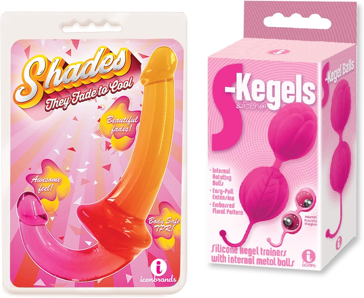 Sex Toy Gift Set Bundle of Shades Jelly TPR Gradient Strapless Strap On - Pink/Yellow and Icon Brands S-Geisha ballss, Silicone Geisha Balls Balls, Pink