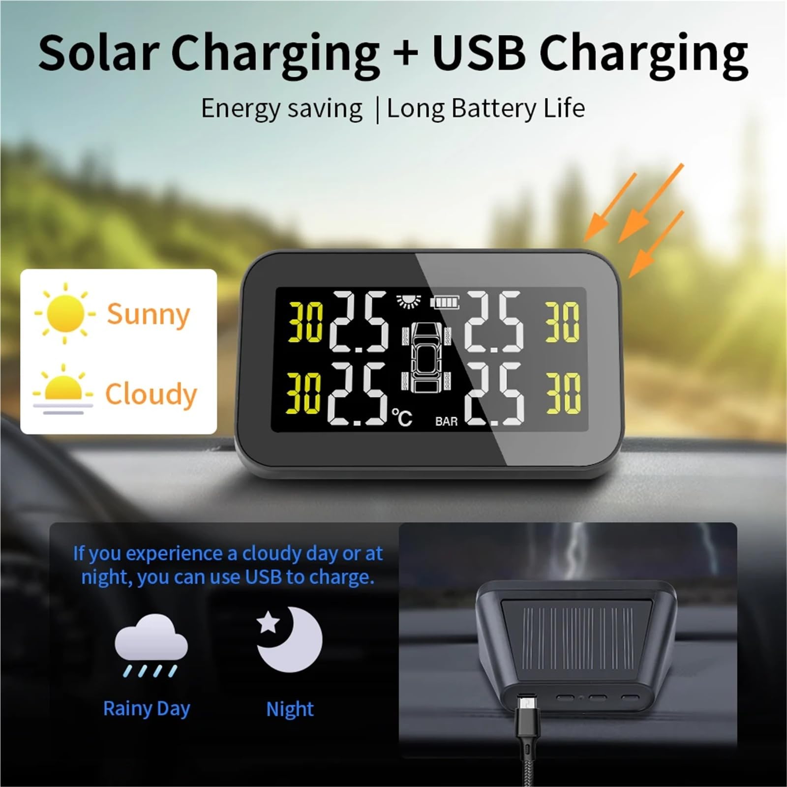 New Tire Monitoring System Temperature Warning Fuel Save Solar TPMS Car Tyre Monitor Air Gauge(Built-in sensor)
