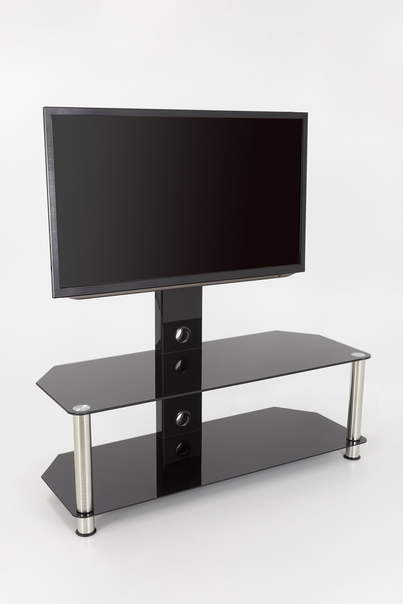 Column TV Floor Stand - Rectangular - With 2 Black Glass Shelves & Metal Column Combi TV Unit with Universal VESA Mount Up to 65" & 45kg - Chrome Effect SIlver Stainless Steel Legs - SDCL1140