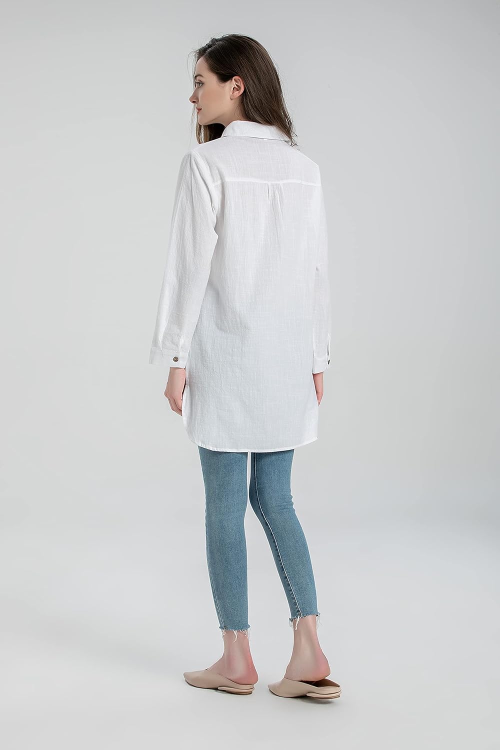 Minibee Women's Cotton Shirts Tunics Hi Low Tops Boyfriend Button Down Blouse - Image 7