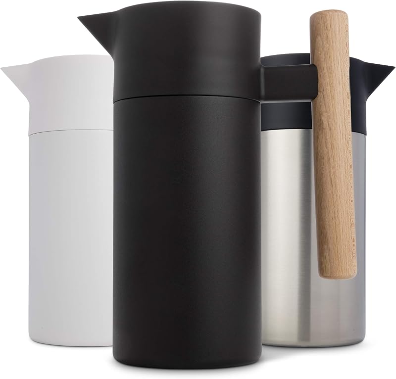 Jarra Térmica de Café de 40 Oz Aislada con Infusor de Té, Acero Inoxidable | Mantiene el calor durante más de 12 horas, jarra de café aislada, acero de grado quirúrgico 18/8, sin BPA, mango de madera de haya, termo para café, negro