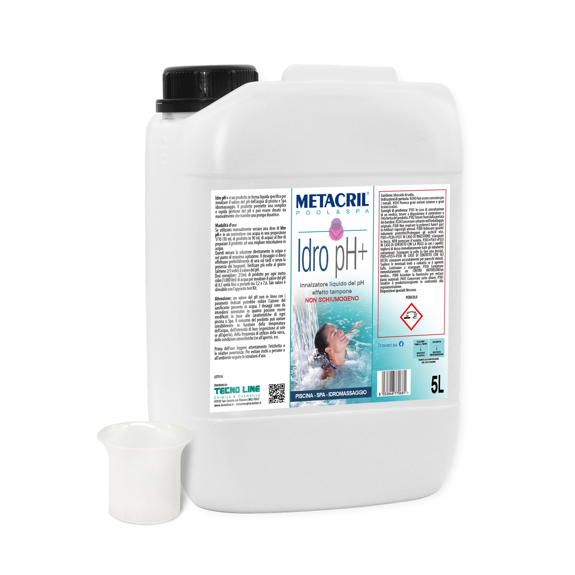 Metacril Idro pH+ con Dosatore, Innalzatore del pH, Non Schiumogeno - 5 LT | Innalzatore Liquido, Effetto Tampone, Ideale per Piscina e Spa Idromassaggio