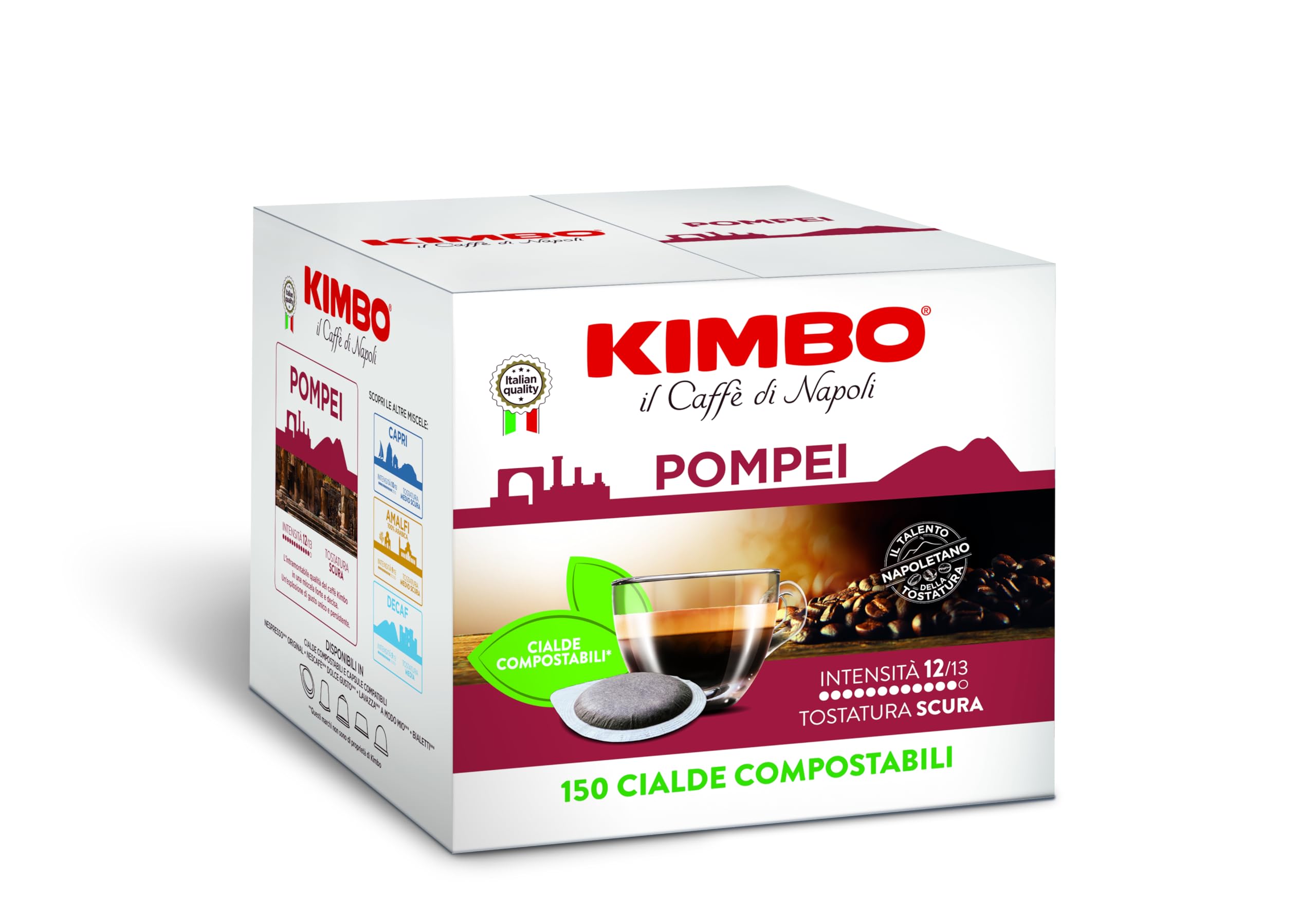 Kimbo, Pompei, Le Meraviglie del Gusto 150 Cialde Compostabili ESE, Miscela Forte e Decisa, Intensità 12/​13, Tostatura Scura, 1 Pack da 150 Cialde