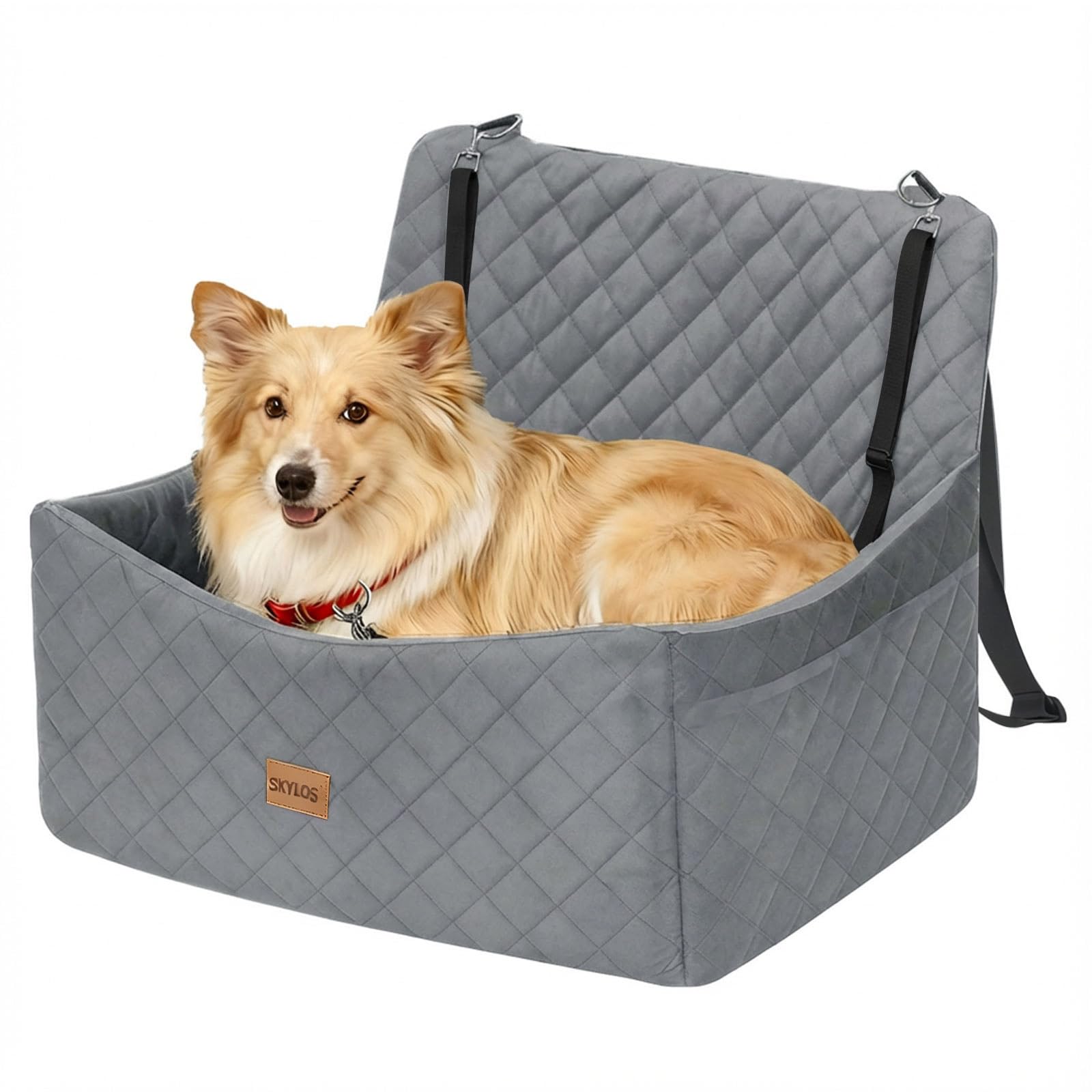 Skylos Dog Car Seat, Dog Car Bed for Medium Large Dogs Up to 25kg/55lbs or 2 Small Breeds, Dogs Booster Seat with Memory Foam Thick Cushion Storage Pockets, Washable Travel Bed, Grey