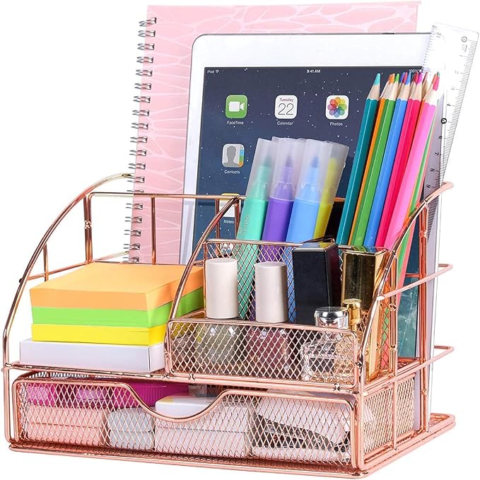 Desk Organizer with Drawer | Metal Mesh Multipurpose 6 Compartment Storage Holder | Stationery, Makeup, Office Supplies Organizer (Rose Gold) (22.3X15X14.9 CM)