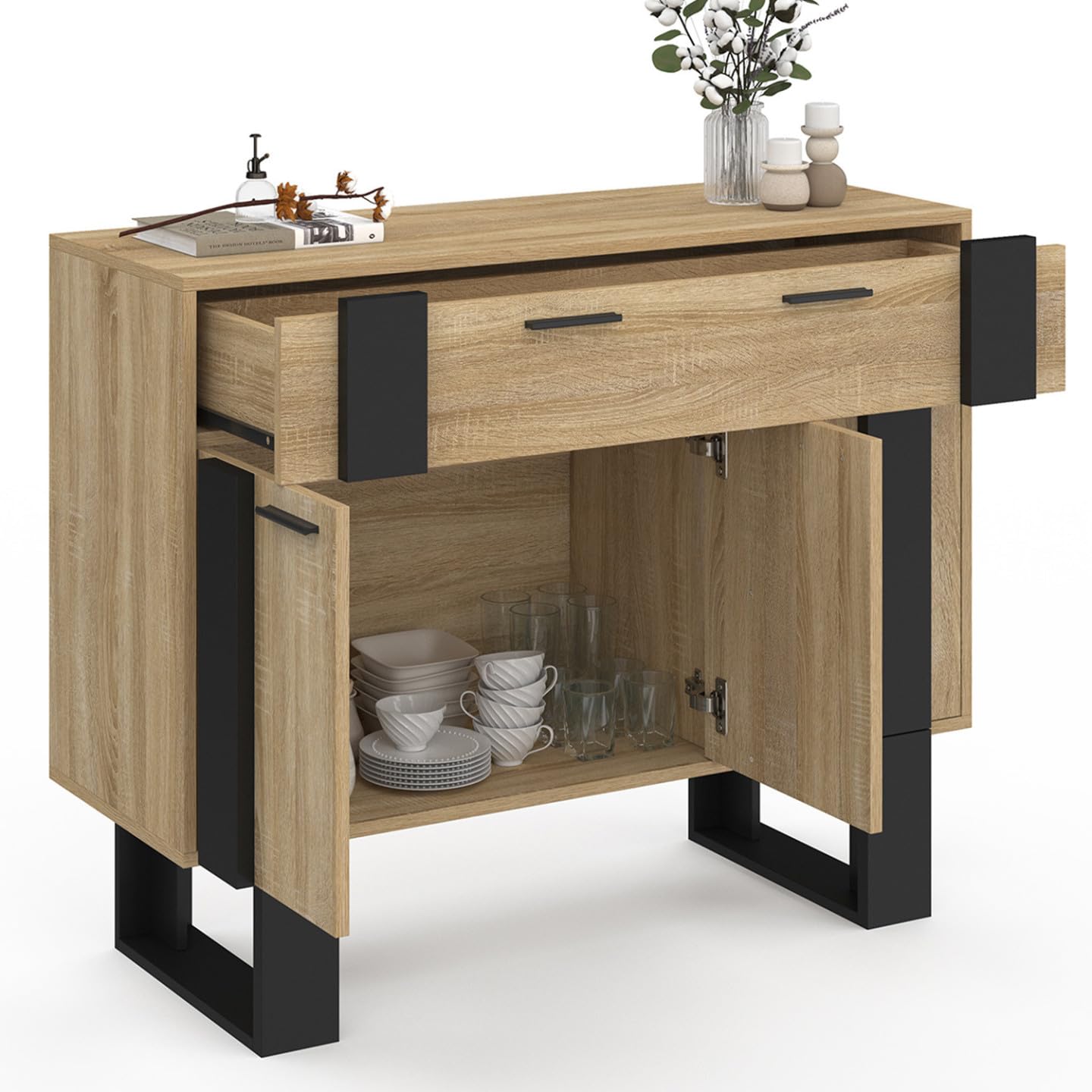 IDMarket - Mueble aparador Phoenix 100 cm con 3 puertas y 1 cajón, madera y negro