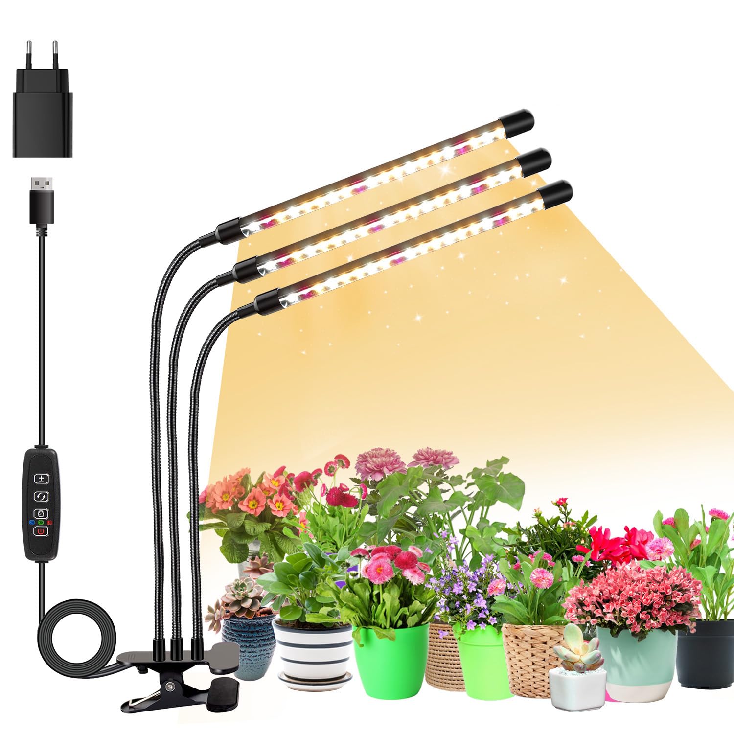 3 teste di luce per piante, Lampada per Piante LEDs, Lampada Piante Coltivazione, Luce di crescita a spettro completo, Lampada di Crescita con Timer Auto on/off 3/9/12H per Frutta Verdure Fiore