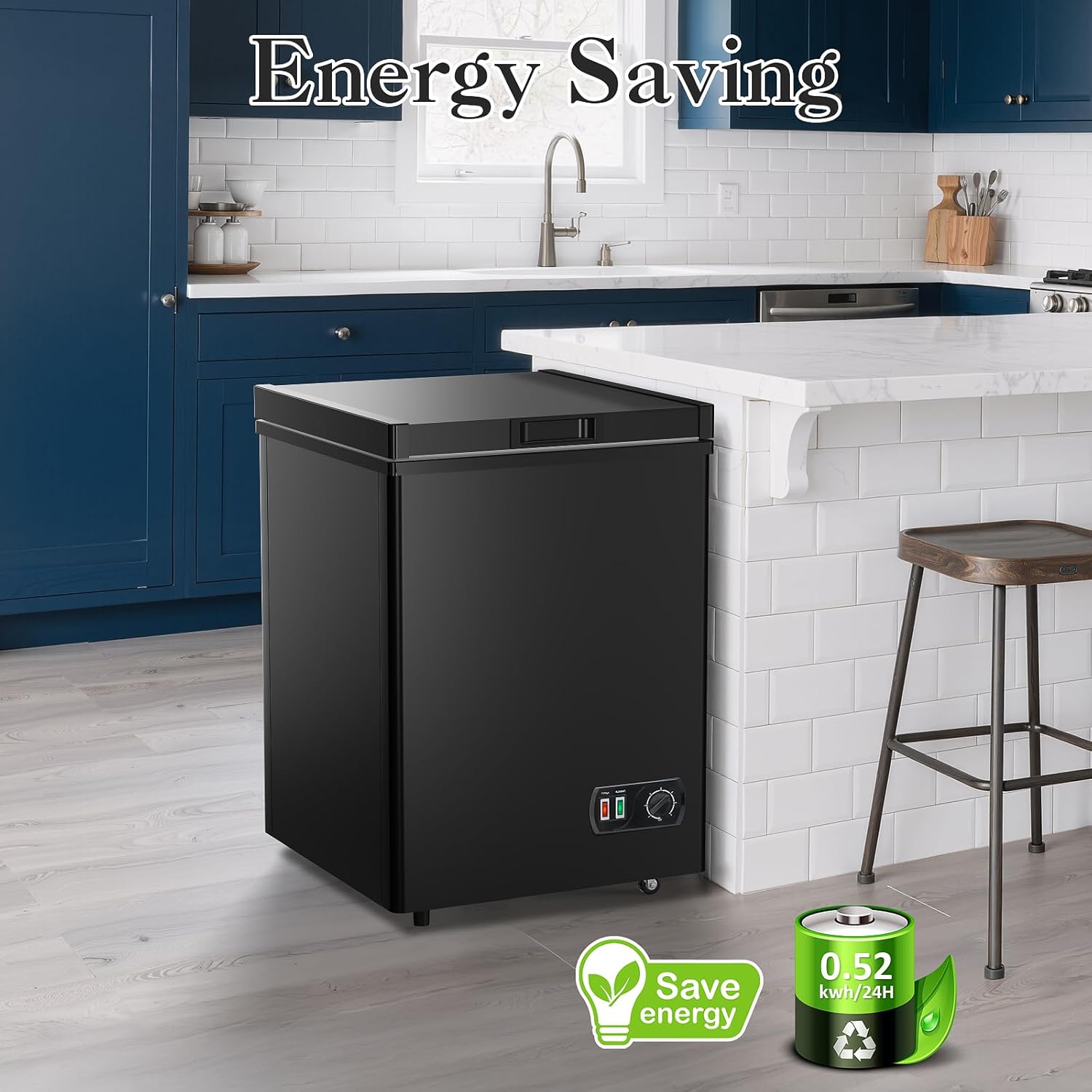 LifePlus Chest Freezer - 4.2 Cubic Feet Deep Freezer Compact Freezer with Fast Cold 7 Adjustable Temperature Convenient Pulley, Small Freezer with Low Noise Energy Saving, Black