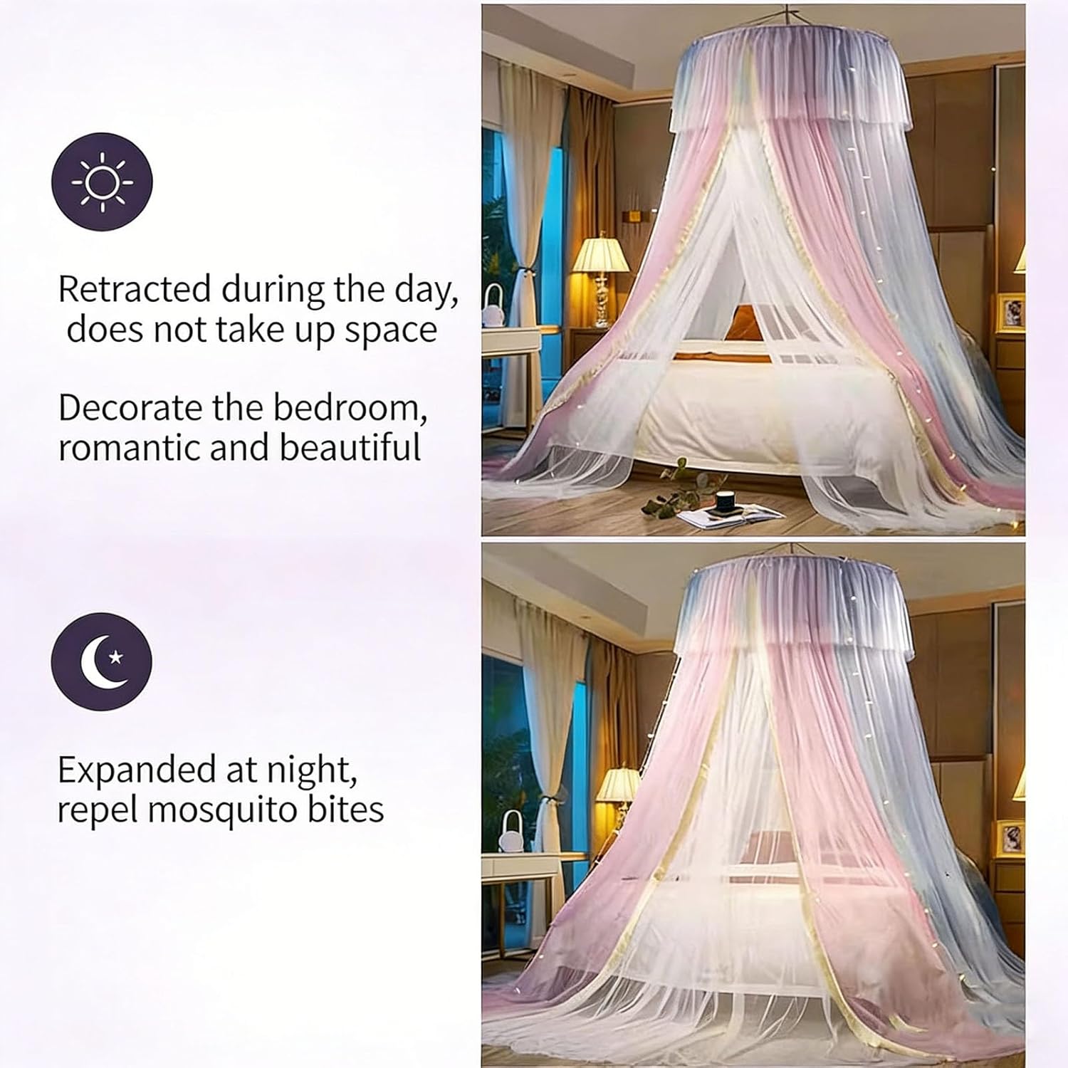BK&MF Round Dome Mosquito Net for Bed, Double Layer Dreamy Drape Netting Bed Canopy with Star Lights, Easy Installation Bed Curtain for Girls Room Decor,Blue,150cm(60") Queen