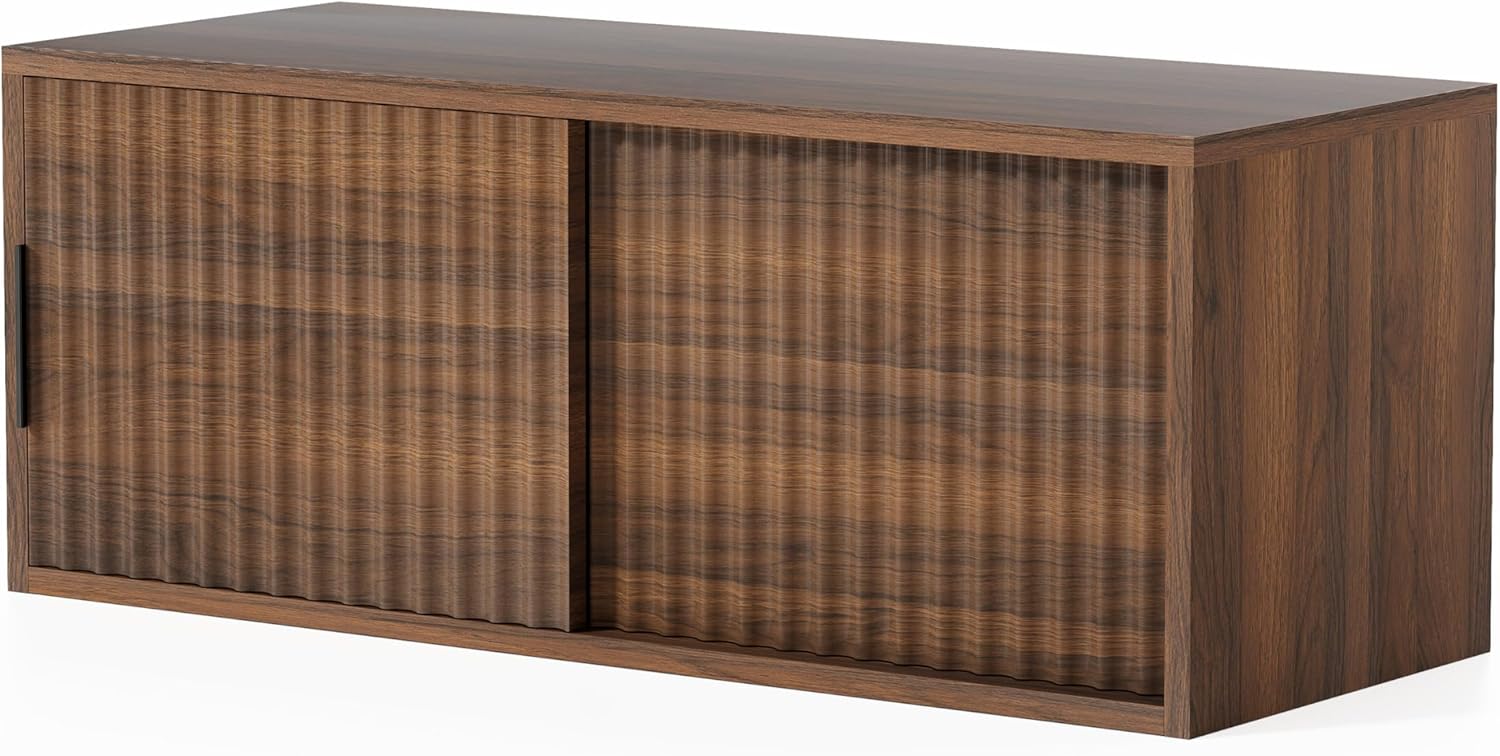 Floating Nightstand with Sliding Doors, Modern Fluted Large Night Stand Storage Shelf Wall Mounted Bedside Tables for Bedroom, Brown