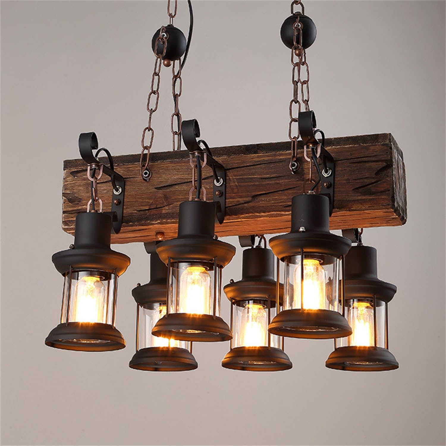 Lampa wisząca w stylu vintage, E27, rustykalna, drewniana belka, Edison, wisząca lampa sufitowa, drewniana, z regulacją wysokości, industrialna lampa wisząca