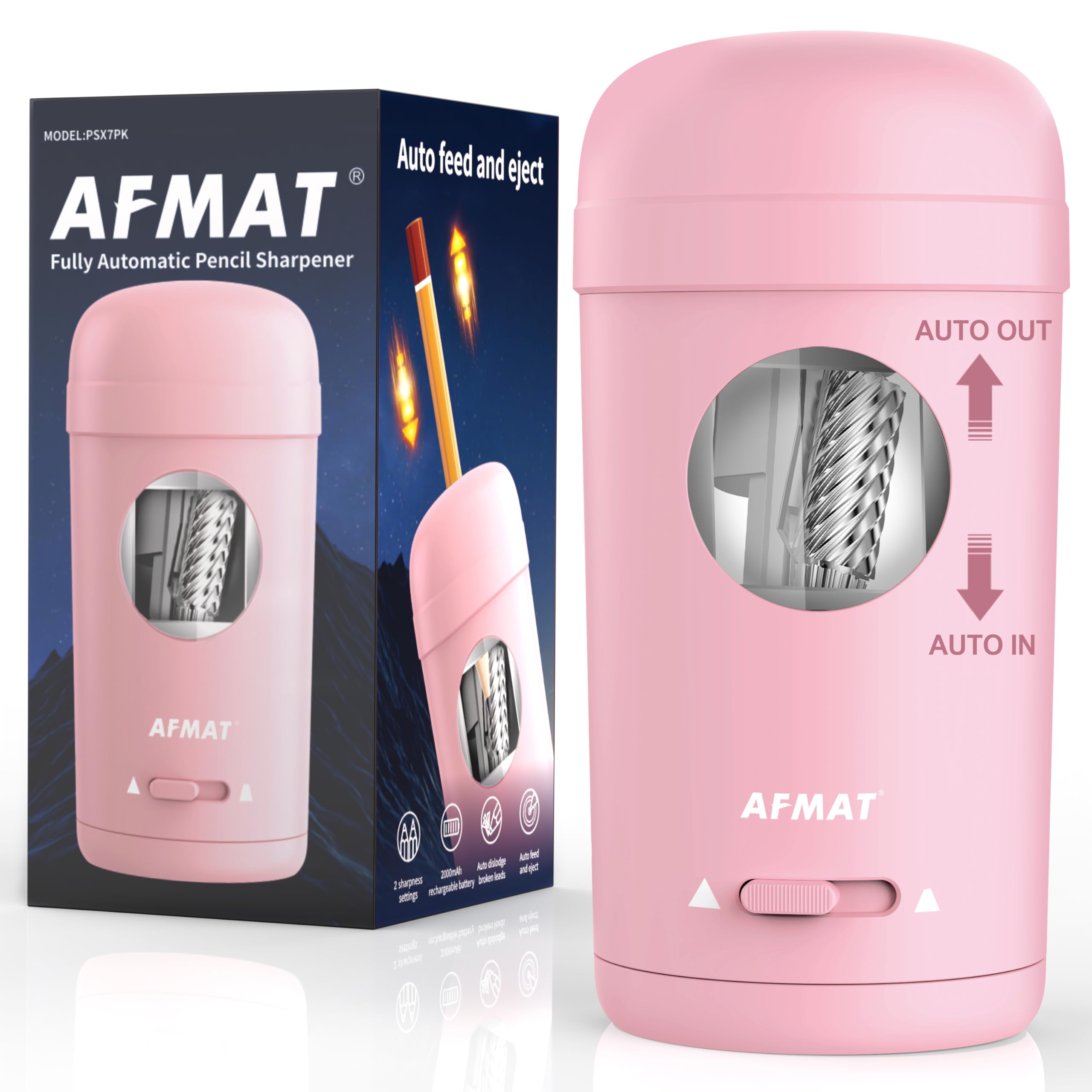 AFMAT Electric Pencil Sharpener, Fully Automatic Pencil Sharpener for 7-8mm Pencils & Colored Pencils, Auto in & Out, Rechargeable Vertical Hands-Free Sharpeners for Classroom/Home/Office PSX7(Pink)