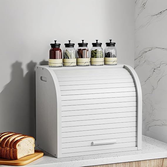 G.a HOMEFAVOR Bamboo Bread Bin 2-Layer Bread Box, Roll-Top Bread Storage for Kitchen with Removable Layer, Self Assembly, White