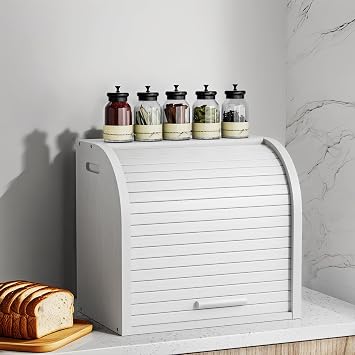 G.a HOMEFAVOR Bamboo Bread Bin 2-Layer Bread Box, Roll-Top Bread Storage for Kitchen with Removable Layer, Self Assembly, White