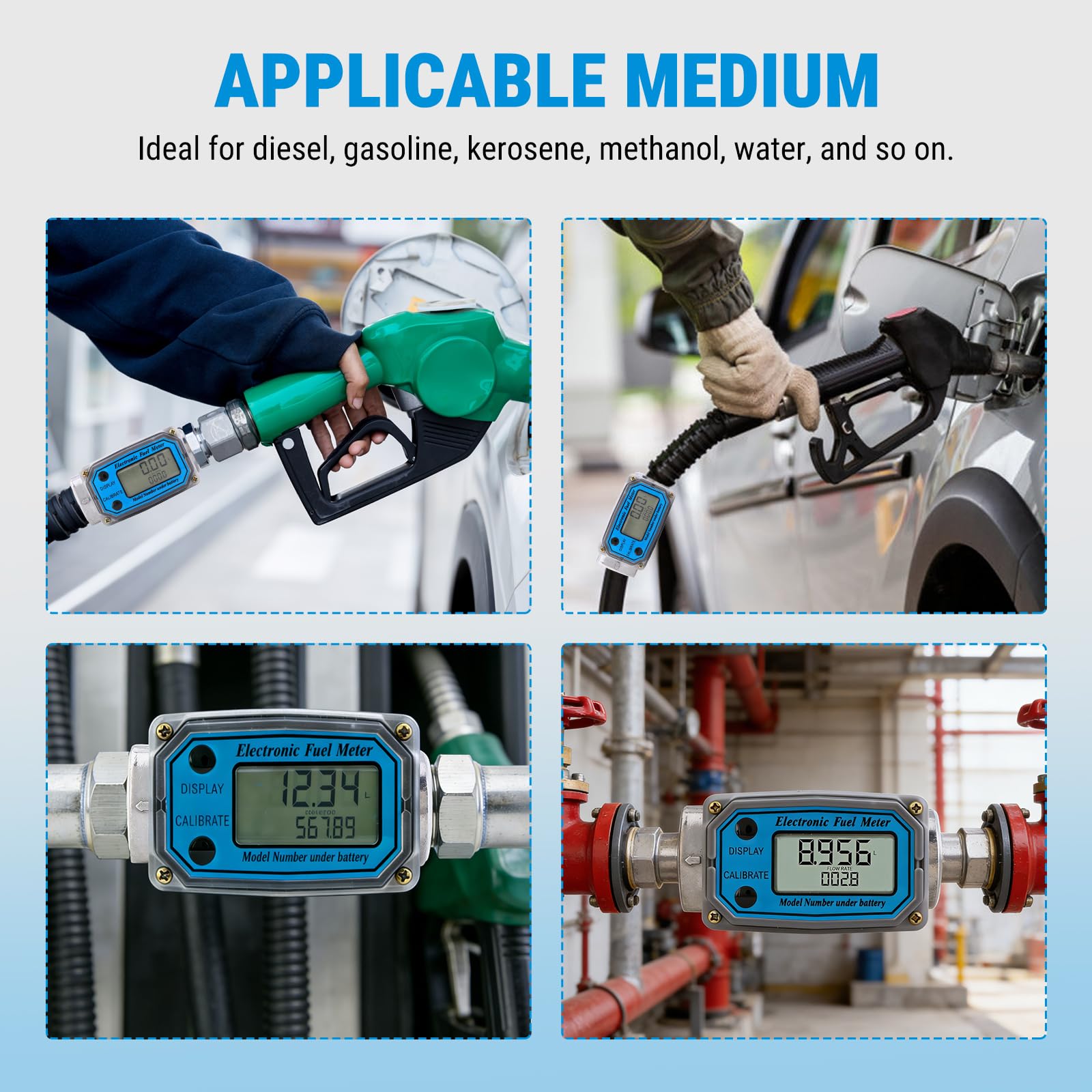 Misuratore di Portata Digitale a Turbina, 1" NPT Flussometro del Carburante, Misuratori del Flusso con Display LCD, per Diesel Kerosene Benzina, 15-120 Litri, Blu