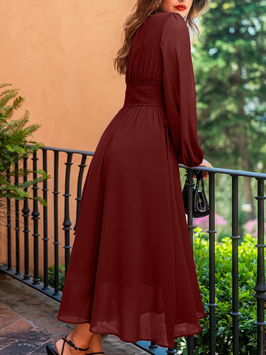 CUPSHE Women's Fall V Neck Long Sleeve Maxi Dresses Smocked Waist Elegant Cocktail Wedding Guest Dress - Image 3