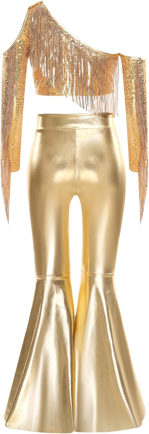 Kids Girls Shiny Metallic Disco Dance Outfits Sparkle Sequins Tassels Crop Tops with Bell Bottoms Long Pants