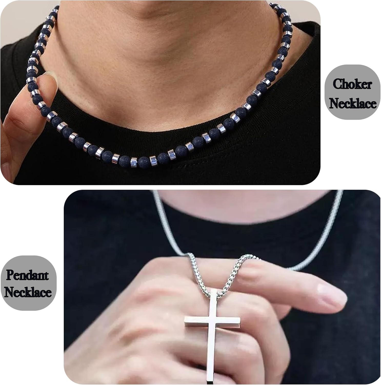 2PS Cross Necklace for Men - Black Obsidian Necklace - 6mm Healing Crystals Beaded Choker Necklace Stainless Steel Cross Pendant Jewelry Gifts for Men - Image 4