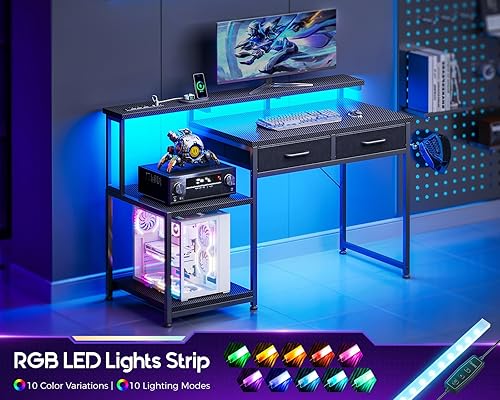 Miniatura 5 de ODK - Escritorio para juegos con luces LED y toma de corriente, escritorio de 55 pulgadas con cajones, escritorio de oficina con estantes de