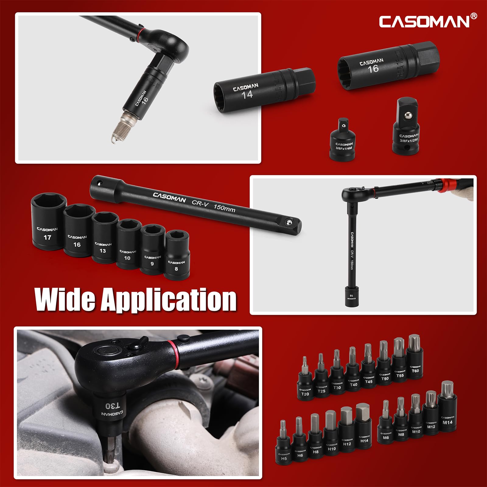 CASOMAN Lot de 31 clés dynamométriques Dr. 3/8", 5-60 Nm, 72 dents pour vélo et moto, avec barre d'extension et adaptateurs