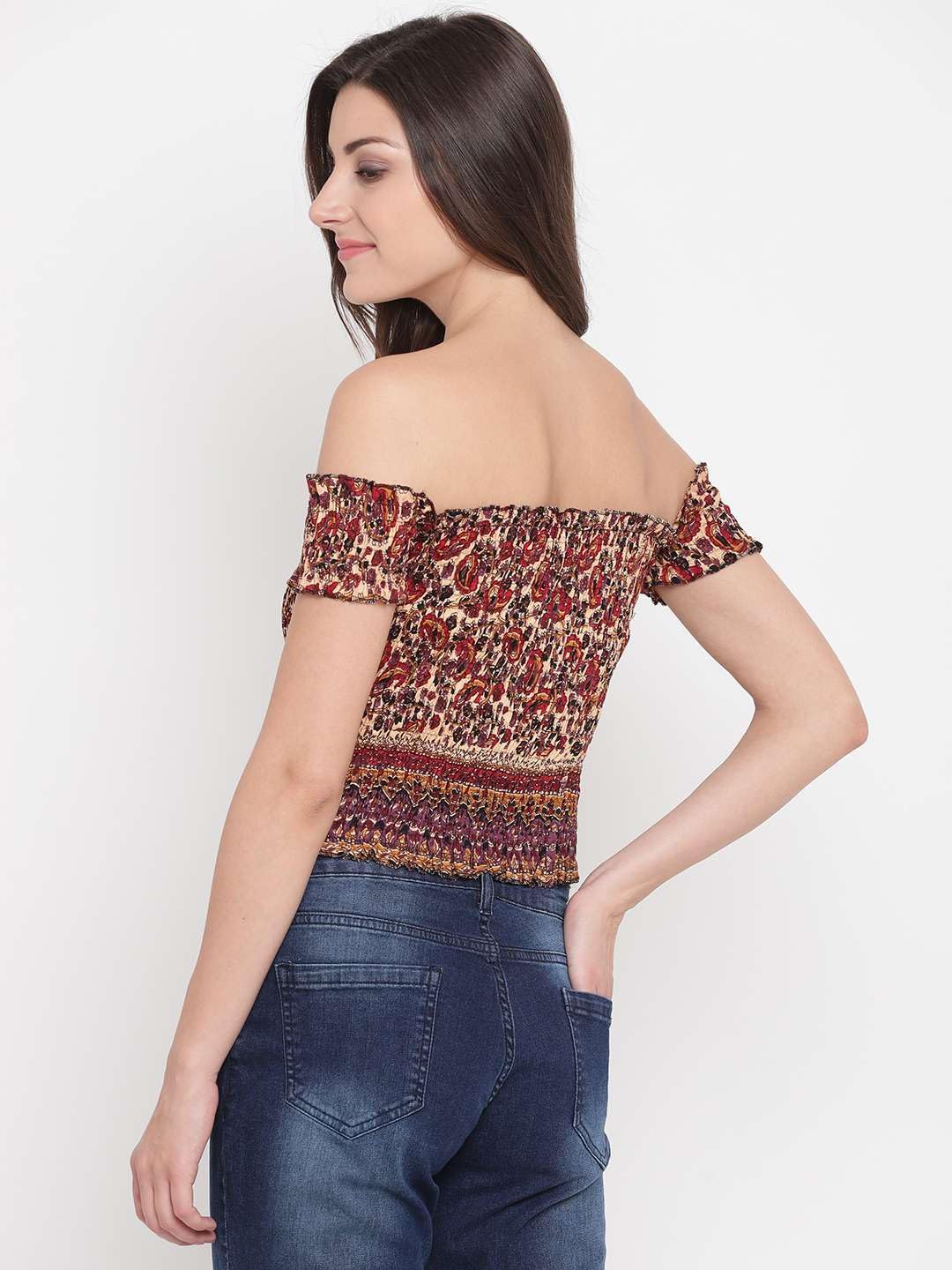 GrabMe Store Women's Rayon Printed Off-Shoulder Smocked Crop Top Short Sleeve Casual Styles Tank Top (Free Size) Multi3
