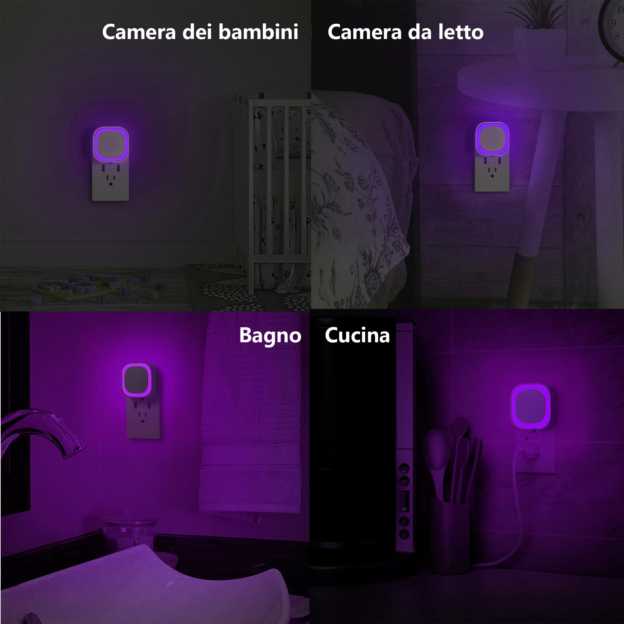 YUNLEX Presa di Luce Notturna con Sensore Crepuscolare, Luce Notturna Bambini 3 livelli di luminosità regolabile per Camera dei Bambini, Bagno, Corridoio, Cucina, Scale (Viola)